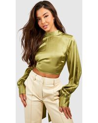 Boohoo - High Neck Tie Back Cropped Satin Blouse - Lyst