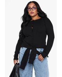 Boohoo - Plus Rib Button Through Long Sleeve Top - Lyst