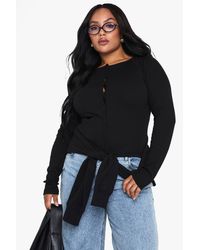 Boohoo - Plus Rib Button Through Long Sleeve Top - Lyst