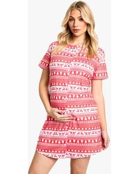 Boohoo - Maternity Christmas Fairaisle Print 2 Pack Peached Button Down Nightie - Lyst