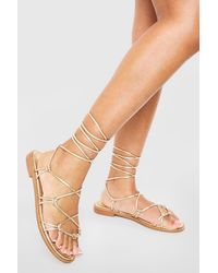 Boohoo - Wide Width Caged Detail Tie Up Flat Sandals - Lyst