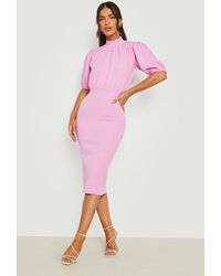 Boohoo Puff Sleeve Rouched Midi Dress - Pink