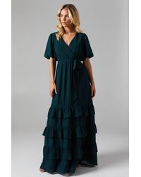 Oasis - Petite V Neck Puff Sleeve Tiered Georgette Bridesmaid Dress - Lyst