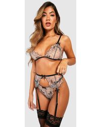 Boohoo - Floral Lace Bralet, Thong And Suspender Set - Lyst