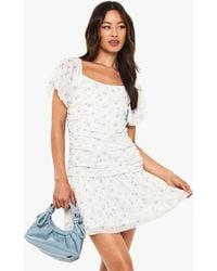 Boohoo - Tall Ditsy Floral Mesh Angel Sleeve Ruched Mini Dress - Lyst