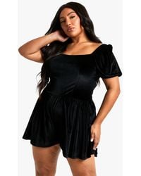 Boohoo - Plus Velvet Puff Sleeve Flippy Romper - Lyst