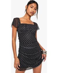 Boohoo - Polka Dot Mesh Ruffle Mini Dress - Lyst