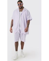 Boohoo - Plus Oversized Linen Drop Revere Shirt & Short Set In Lilac - Lyst