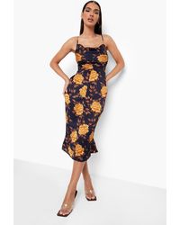 satin floral cowl flute hem slip dress