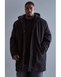 BoohooMAN - Plus Concealed Placket Hooded Overcoat - Lyst