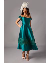 Coast - Petite Bardot Twill Midi Dress With Lace Trim - Lyst