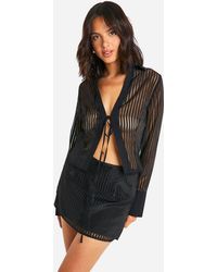 Boohoo - Tie Front Sheer Striped Blouse - Lyst