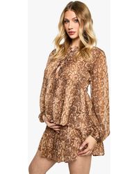 Boohoo - Maternity Tie Front Chiffon Snake Print Long Sleeve Smock Top - Lyst