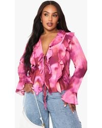 Boohoo - Plus Blurred Floral Tie Front Ruffle Blouse - Lyst
