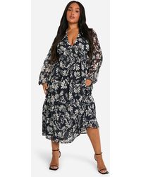 Boohoo - Plus Mono Floral Chiffon Long Sleeve Frill Midaxi Dress - Lyst