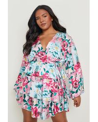 Boohoo - Plus Floral Satin Ruffle Belted Skater Dress - Lyst