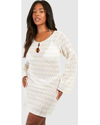 Boohoo - Plus Neutral Stripe Crochet Beach Dress - Lyst