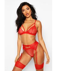 Boohoo Womens Mesh Strapping Bralet Thong & Suspender Set - Red