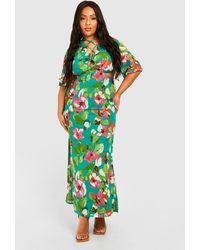 Boohoo - Plus Woven Floral Print Plunge Long Sleeve Midaxi Dress - Lyst