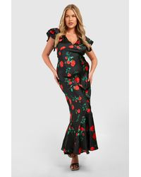 Boohoo - Plus Rose Print Frill Sleeve Maxi Dress - Lyst