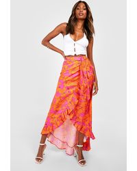 Boohoo Floral Ruffle Hem Wrap Front Maxi Skirt - Red