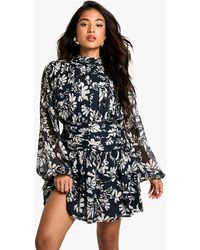 Boohoo - Petite Mono Floral High Neck Skater Dress - Lyst