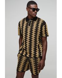 BoohooMAN - Oversized Boxy Crochet Look Stripe Shorts Knitted Polo Set - Lyst