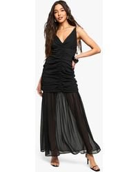 Boohoo - Chiffon Ruched Plunge Maxi Dress - Lyst