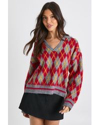 Boohoo - Soft Knit Oversized Argyle Collared Jumper - Lyst