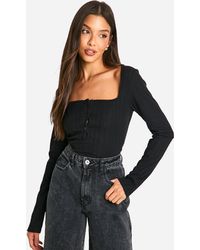 Boohoo - Brushed Rib Square Neck Button Top - Lyst