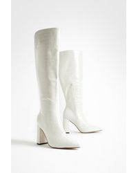 Boohoo - Croc Block Heel Pointed Toe Knee High Boots - Lyst