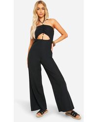 Boohoo - Linen Look Cut Out Bead Detail Wide Leg Jumpsuit - Lyst