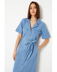 Dorothy Perkins - Denim Belted Button Through Midi Dress - Lyst
