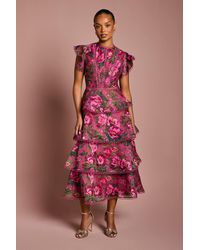Coast - Petite Lace Trim Tiered Organza Midi Dress - Lyst