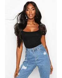 Boohoo Organza Sleeve Scoop Back Bodysuit - Black