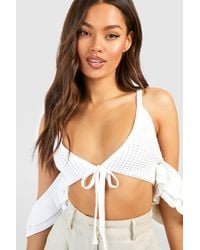 Boohoo Ruffle And Lace Tiered Tie Shoulder Crop Top in White
