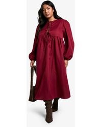 Boohoo - Plus Woven Tie Front Midi Smock Dress - Lyst
