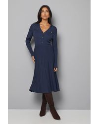 Wallis - Statement Button Pleated Knitted Dress - Lyst