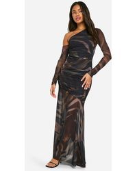 Boohoo - Printed Mesh Asymmetric Long Sleeve Maxi Dress - Lyst