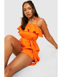 Boohoo - Plus Woven Belted Frill Romper - Lyst