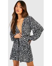 Boohoo - Ruffle Front Tie Sleeve Leopard Print Tea Dress - Lyst
