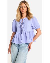 Boohoo - Textured Tie Front Puff Sleeve Smock Top - Lyst