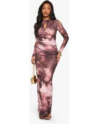 Boohoo - Floral Printed Mesh Keyhole Long Sleeve Maxi Dress - Lyst