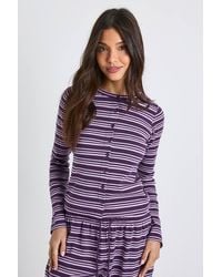 Boohoo - Stripe Rib Button Through Long Sleeve Top - Lyst