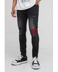 BoohooMAN - Skinny Rip & Repair Jeans mit PU-Applikation - Lyst