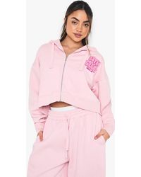 Boohoo - Ath Club Towelling Applique Boxy Zip Through Hoodie - Lyst