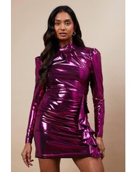 Oasis - Occasion High Neck Metallic Ruched Mini Dress - Lyst