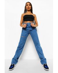 Boohoo Rigid Open Knee Boyfriend Jeans - Blue
