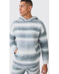BoohooMAN - Regular Knitted Brushed Stripe Hoodie In Teal - Lyst