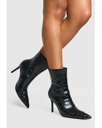 Boohoo - Pointed Toe Croc Detail Heeled Ankle Boot - Lyst